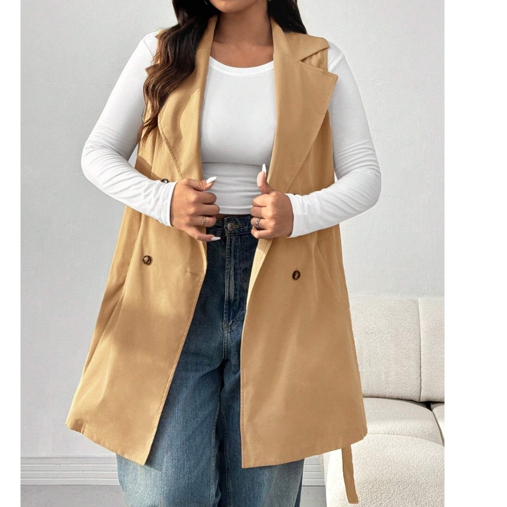 Plus Khaki Double Button Belted Pockets Sleeveless Vest jacket